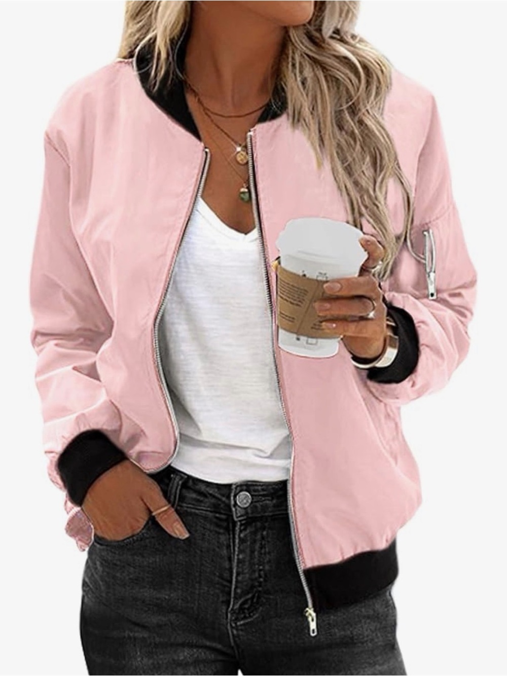 Light Pink Bomber Jacket with Black Trim - Women's Jacket